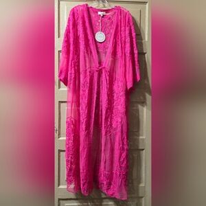 Umgee Pink Boho Lace Tie Front Long Kimono NWT Size: XL